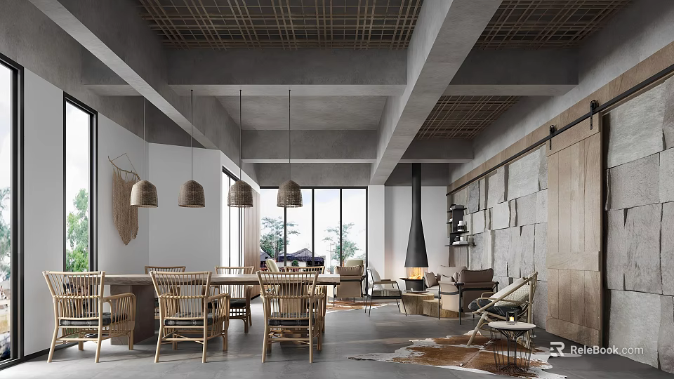 Modern Elegant Lounge Area Interior With Pendant Lights And Wooden Furniture 3d model 