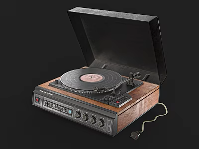 Vintage Vinyl Turntable with Wooden Base Open Lid Vinyl Record Control Buttons and Knobs 3d model