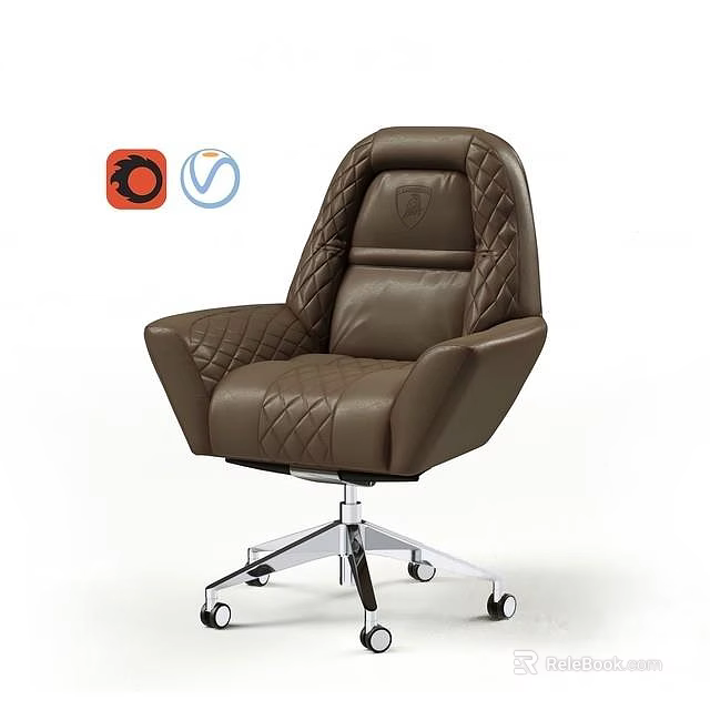 Brown Leather Office Chair With Quilted Design And Metal Base Wheels 3d model 