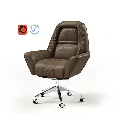 Brown Leather Office Chair With Quilted Design And Metal Base Wheels 3d model