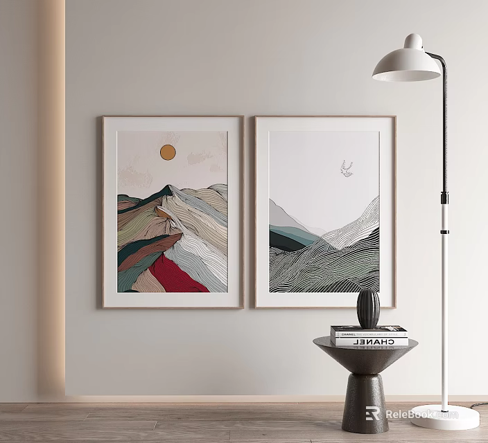 Abstract Wall Paintings Featuring Sun Flying Bird and Mountain Lines in Interior 3d model