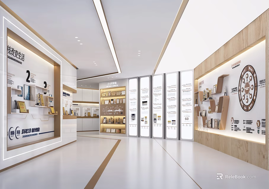 Modern Spacious Showroom Interior With White Wooden Display Shelves Sample Cabinets And Lighting 3d model 