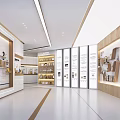 Modern Spacious Showroom Interior With White Wooden Display Shelves Sample Cabinets And Lighting