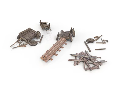 Vintage Wooden Cart Models With Scattered Broken Parts And Components 3d model