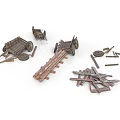 Vintage Wooden Cart Models With Scattered Broken Parts And Components