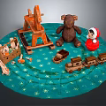 Children's Toy Scene With Wooden Carousel Teddy Bear Doll And Train On Blue Snowflake Carpet