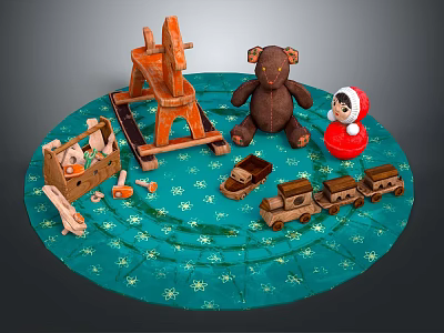 Children's Toy Scene With Wooden Carousel Teddy Bear Doll And Train On Blue Snowflake Carpet 3d model