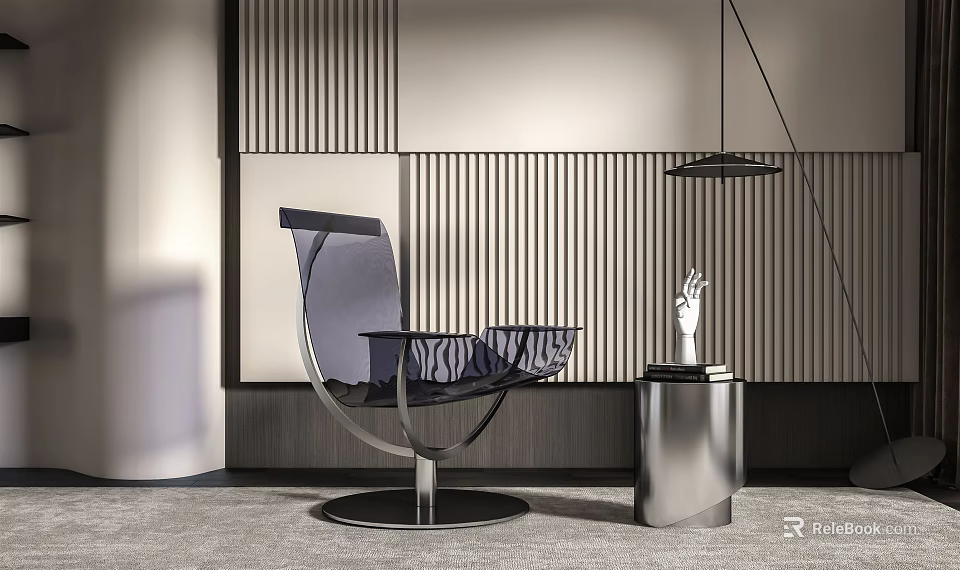 Modern Leisure Chair With Curved Metal Frame Transparent Seat And Side Table In Contemporary Interior 3d model 