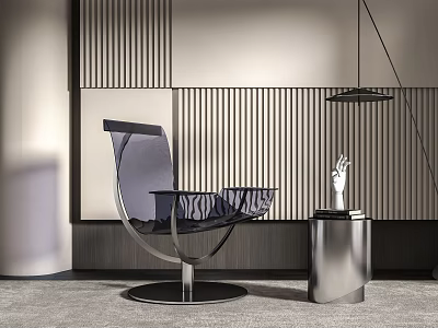 Modern Leisure Chair With Curved Metal Frame Transparent Seat And Side Table In Contemporary Interior 3d model
