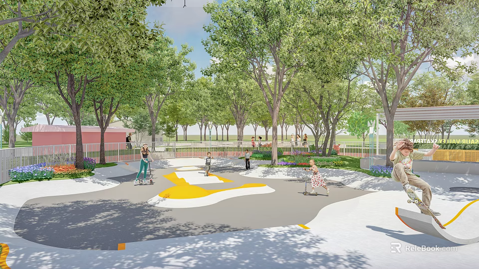 Children Playing In Park With Green Trees And Yellow Ground Patterns 3d model