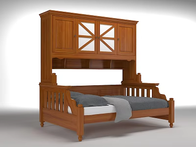 Wooden Bunk Bed With Upper Storage Cabinet And Mirror For Bedroom 3d model