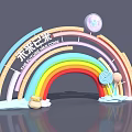 Rainbow Shaped Event Entrance Gate With Colorful Square Background Cloud Decorations And Top Circular Ornament