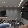 Modern Gray Bedroom Interior With Large Bed Round Rug Sofa Textured Headboard And Ceiling Lighting