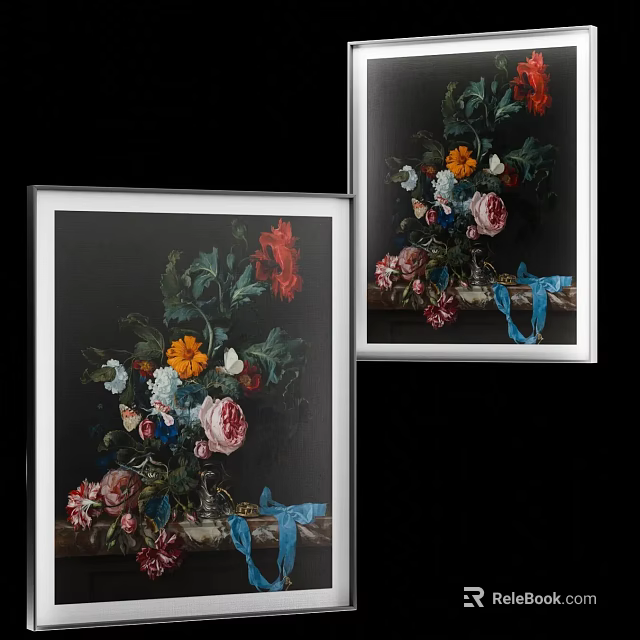 Botanical Paintings With Colorful Flowers Green Leaves In White Frames On Black Background 3d model 