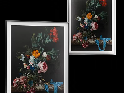 Botanical Paintings With Colorful Flowers Green Leaves In White Frames On Black Background 3d model