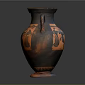 Ancient Greek Vase Sculpture with Two Handles and Figure Carvings in Orange Black Design