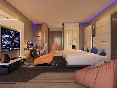 Modern Hotel Guest Room With Comfortable Bed Flat Screen TV And Stylish Seating 3d model