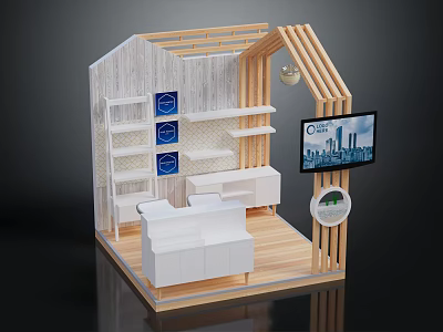 Modern Exhibition Booth With Wooden Structure White Shelves Counter Blue Logos And Screen 3d model