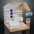 Modern Exhibition Booth With Wooden Structure White Shelves Counter Blue Logos And Screen