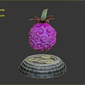Purple Swirly Patterned Fruit With Green Leaves On Stone Pedestal Against Dark Background