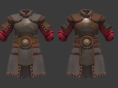 Ancient Warrior Armor Clothing With Metal Mesh Leather Decorations And Red Sleeves 3d model