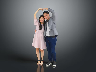 Man In Gray Blazer With Woman In Pink Dress Making Heart Shape Gesture Together 3d model