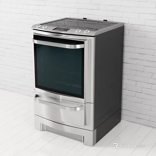 Stainless Steel Kitchen Range With Glass Door Oven And Control Panel Against White Brick Wall 3d model 