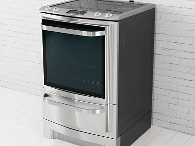Stainless Steel Kitchen Range With Glass Door Oven And Control Panel Against White Brick Wall 3d model
