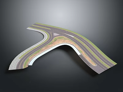 3D Model of Curved Road Structure with Multiple Lanes and Green Belt Design 3d model