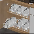 Wooden Kitchen Cabinet Interior With White Plates On Neatly Arranged Dish Racks