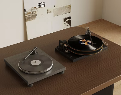 Classic Vinyl Record Player Setup On Wooden Table With Black Disc 3d model