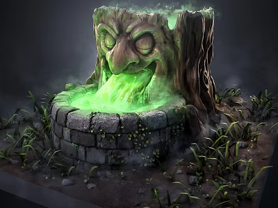 Cartoon Enchanted Tree Stump Scene With Face Spouting Green Liquid Stone Base Grass And Moss 3d model