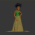 Game And Movie Character With Elaborate Black Hairstyle Green Sleeveless Top Gold Striped Flared Skirt