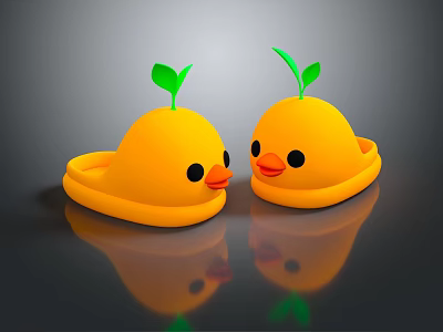Cute Yellow Cartoon Duck Shaped Slippers With Green Leaf For Kids 3d model