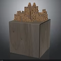 Wooden Architectural Model With Castle Like Arched Structures On Cube Base