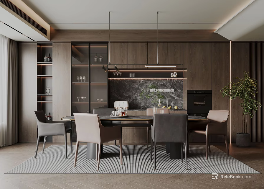 Modern Restaurant Interior With Dining Table Chairs Pendant Lights And Wooden Accent Wall 3d model 