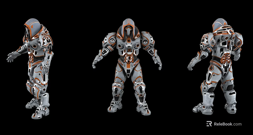 Futuristic Robot Game And Movie Character With Gray Orange Armor And Mechanical Design 3d model 
