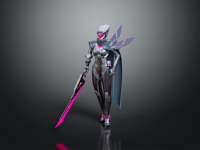 Futuristic Armored Sci Fi Warrior With Insect Inspired Wings And Pink Blade Sword 3d model