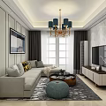Open Design Dining and Living Room With White Cabinets Round Table Black Chairs and Chandelier