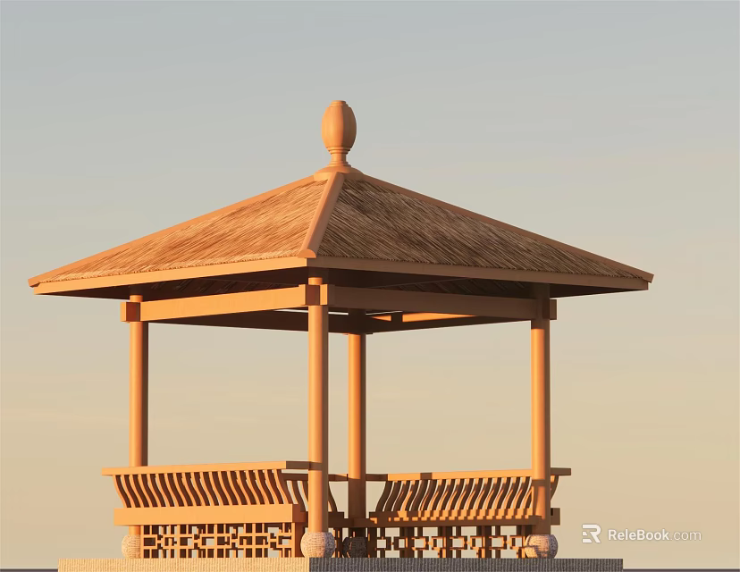 Garden Landscape Featuring Wooden Gazebo With Hexagonal Roof Decorative Finial And Carved Railings 3d model 