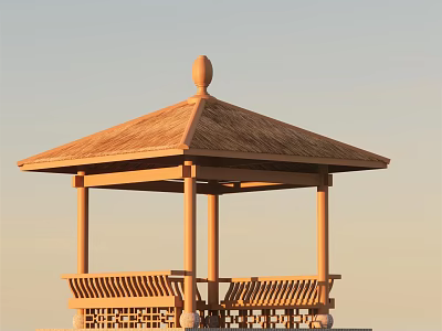 Garden Landscape Featuring Wooden Gazebo With Hexagonal Roof Decorative Finial And Carved Railings 3d model