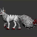 Game Movie Character White Fox With Multiple Tails Red Accents Gray Stripes And Red Eyes