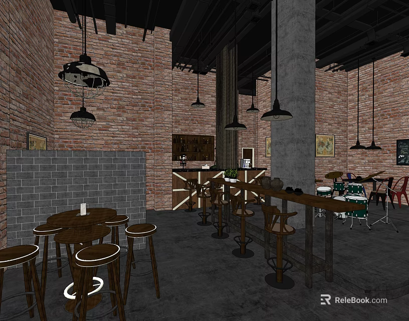 Rustic Bar Interior Design with Exposed Brick Walls Hanging Pendant Lights Wooden Tables and Stools 3d model 