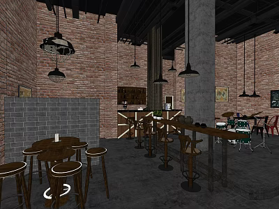 Rustic Bar Interior Design with Exposed Brick Walls Hanging Pendant Lights Wooden Tables and Stools 3d model
