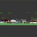 Cartoon Scene of Colorful Houses with Palm Trees Curved Road and Street Lamps