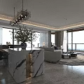 Modern Open Concept Living And Dining Room Interior With Marble Counter Sofa And City View