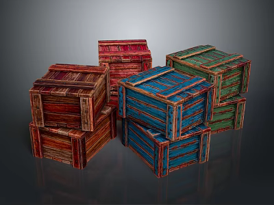 Colorful Stacked Wooden Crates In Red Blue Green And Brown Tones 3d model