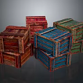 Colorful Stacked Wooden Crates In Red Blue Green And Brown Tones
