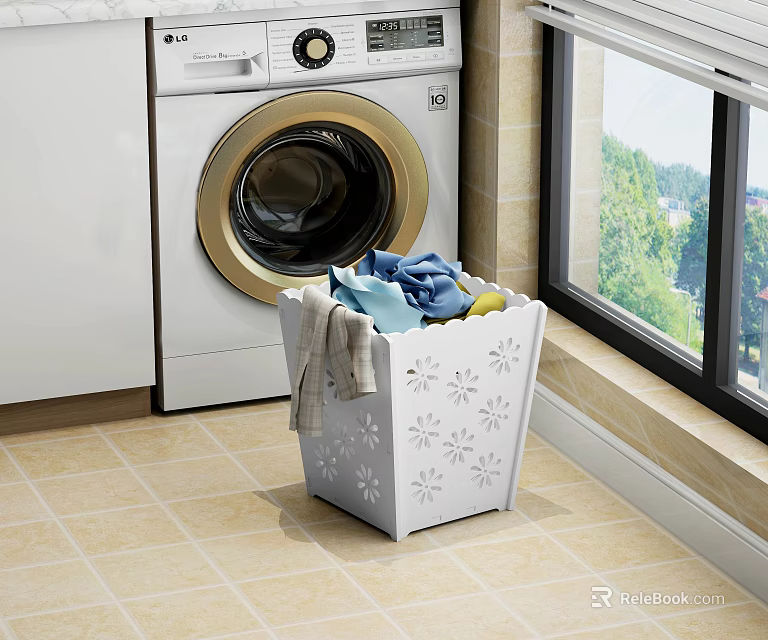 White Decorative Laundry Basket with Pattern for Laundry Room Clothes Storage 3d model 