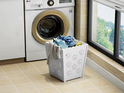 White Decorative Laundry Basket with Pattern for Laundry Room Clothes Storage 3d model